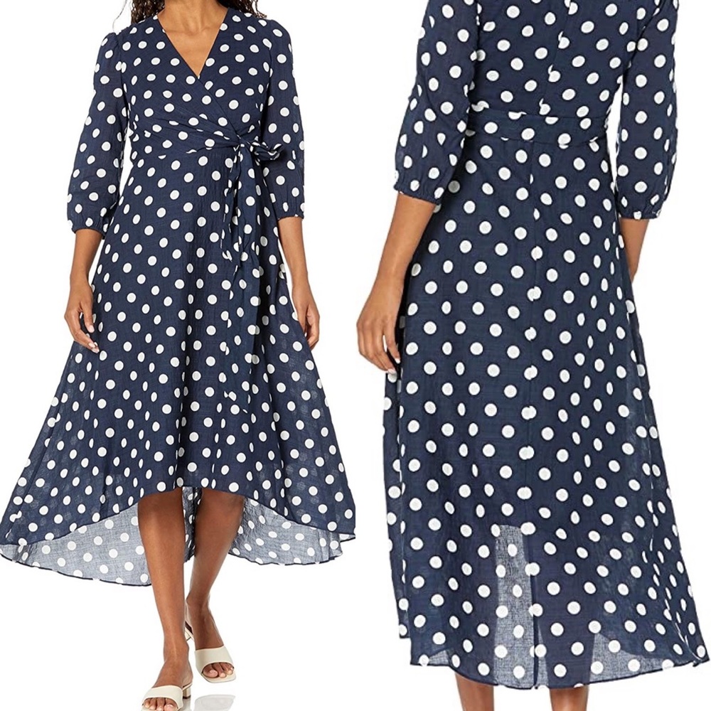 Taylor Dresses 3/4 Sleeve V-Neck Wrap Polka Dot High-Low Cotton Dress S/4